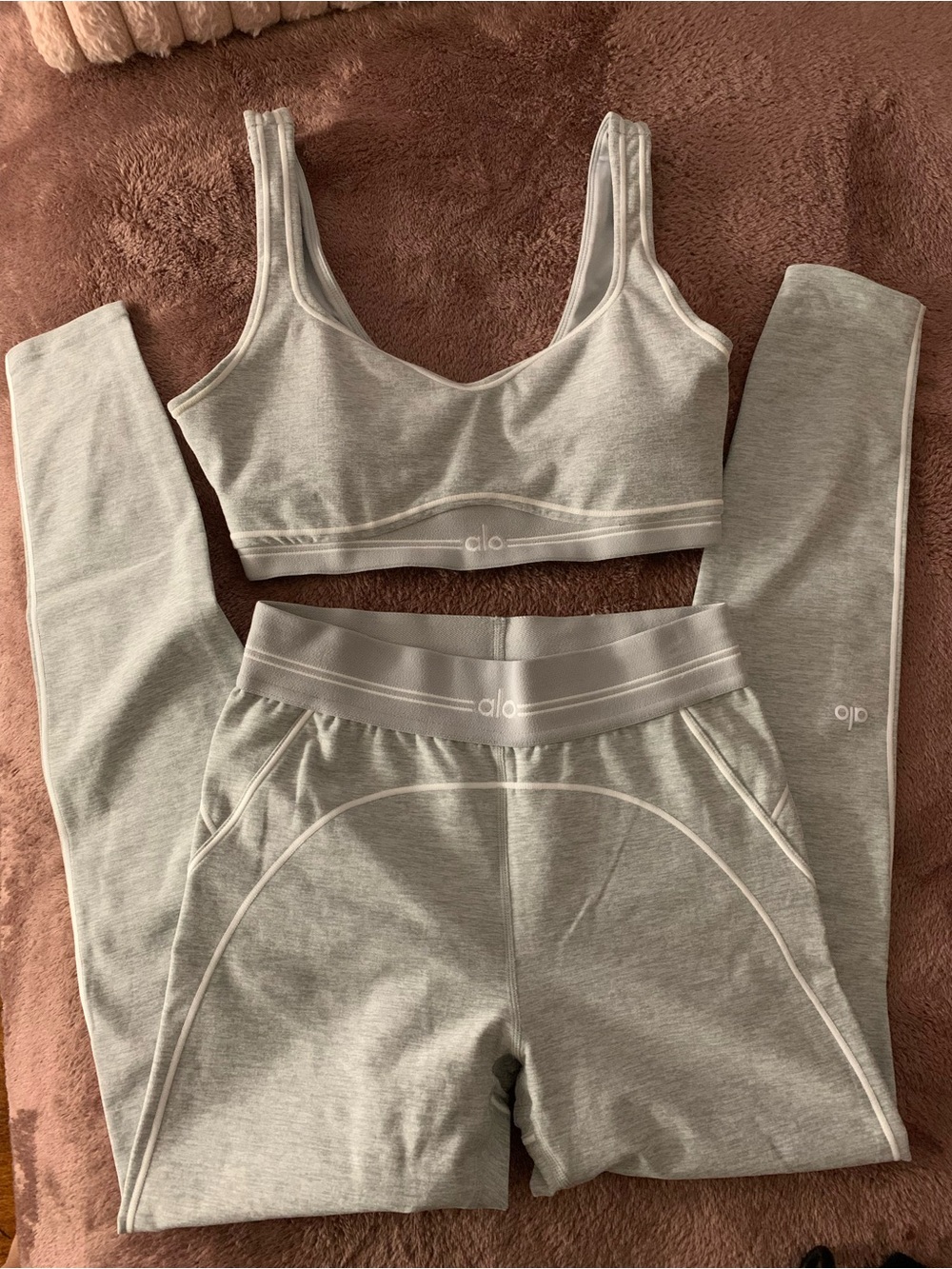 ALO Yoga Light Gray Seamless Sports Bra and Leggings Set